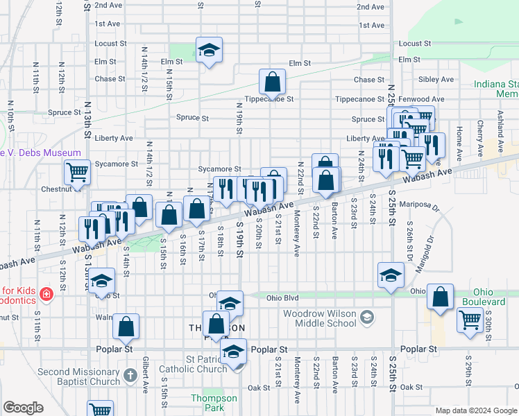 map of restaurants, bars, coffee shops, grocery stores, and more near 2010 Wabash Avenue in Terre Haute