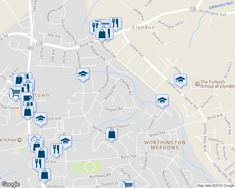 map of restaurants, bars, coffee shops, grocery stores, and more near 104 Thorden Road in Reisterstown