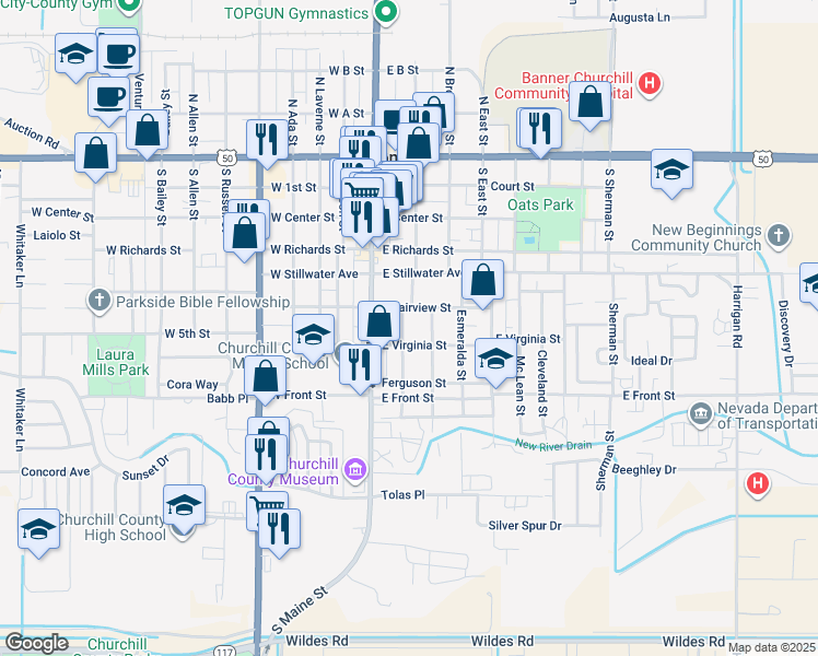 map of restaurants, bars, coffee shops, grocery stores, and more near 535 Churchill Street in Fallon