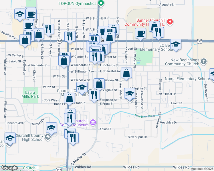 map of restaurants, bars, coffee shops, grocery stores, and more near 570 Churchill Street in Fallon