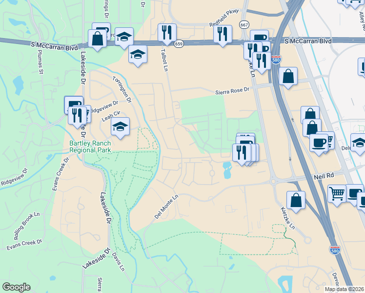 map of restaurants, bars, coffee shops, grocery stores, and more near 6107 Talbot Lane in Reno