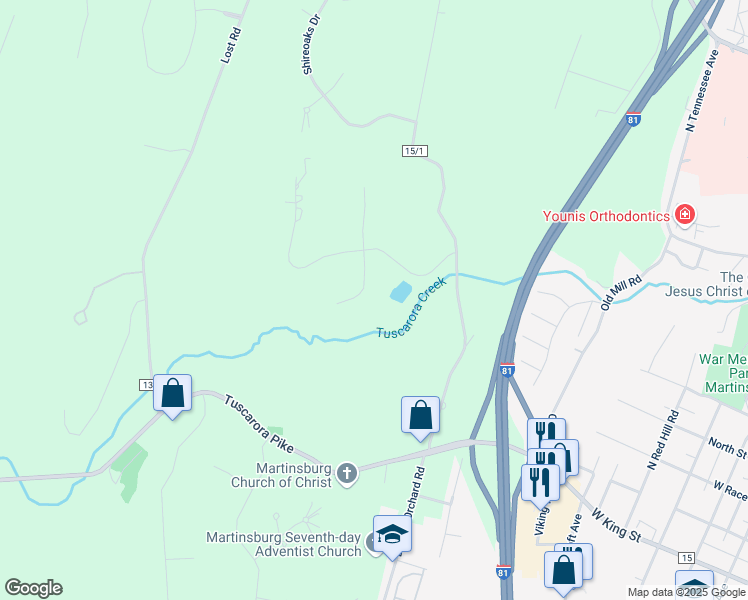map of restaurants, bars, coffee shops, grocery stores, and more near 74 Babbling Brook Lane in Martinsburg