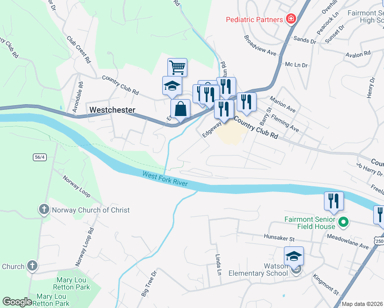 map of restaurants, bars, coffee shops, grocery stores, and more near 100 Elm Drive in Fairmont