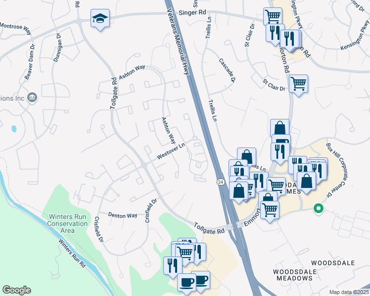 map of restaurants, bars, coffee shops, grocery stores, and more near 3400 Tulleys Pointe Court in Abingdon
