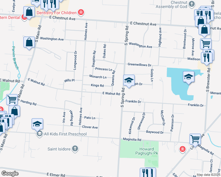 map of restaurants, bars, coffee shops, grocery stores, and more near 1909 Kings Road in Vineland