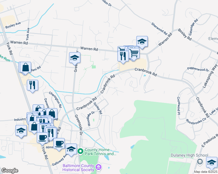 map of restaurants, bars, coffee shops, grocery stores, and more near 2 Roman Knoll Court in Cockeysville