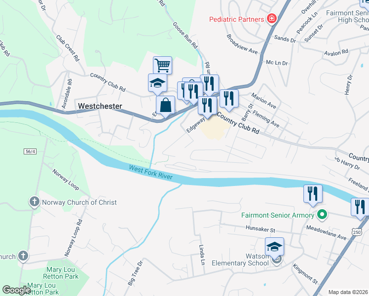 map of restaurants, bars, coffee shops, grocery stores, and more near 100 Elm Drive in Fairmont
