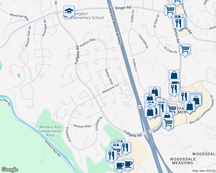 map of restaurants, bars, coffee shops, grocery stores, and more near 3382 Garrison Circle in Abingdon