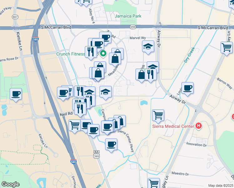 map of restaurants, bars, coffee shops, grocery stores, and more near 72 Neil Road in Reno
