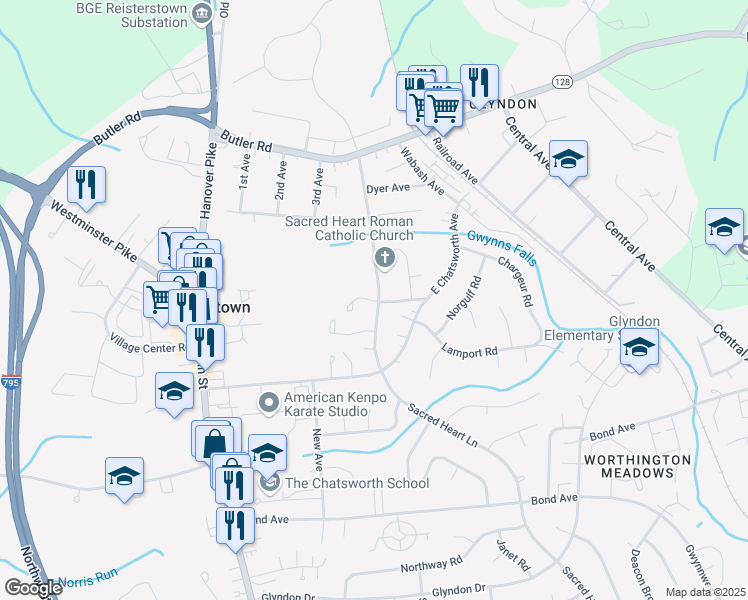 map of restaurants, bars, coffee shops, grocery stores, and more near 18 Farm Gate Way in Reisterstown