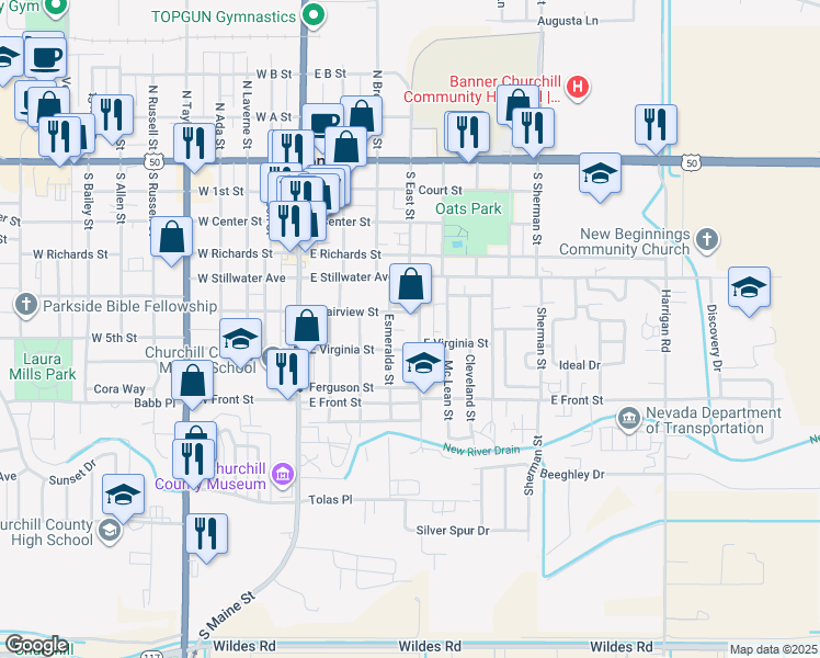 map of restaurants, bars, coffee shops, grocery stores, and more near 585 Esmeralda Street in Fallon