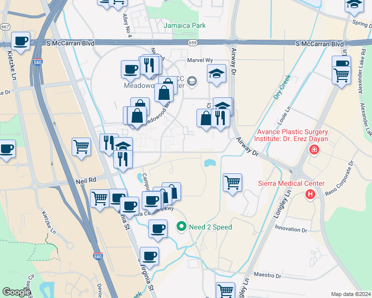 map of restaurants, bars, coffee shops, grocery stores, and more near 1529 Delucchi Lane in Reno