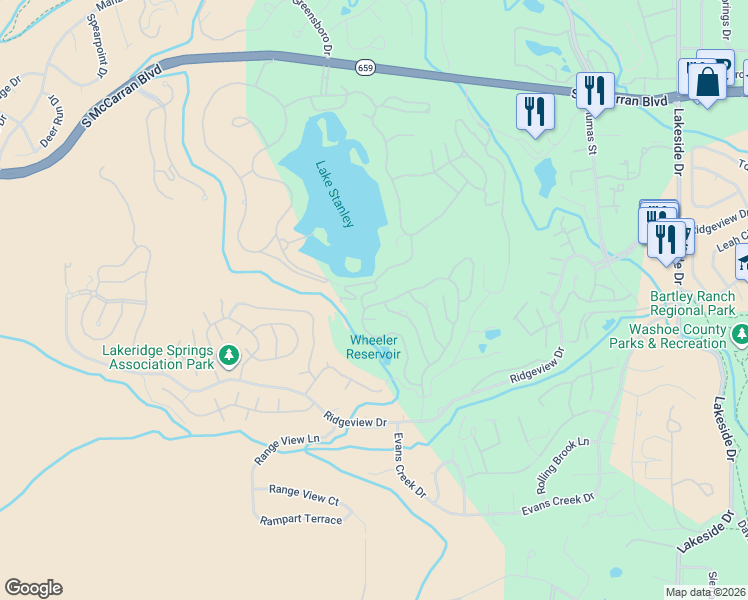 map of restaurants, bars, coffee shops, grocery stores, and more near 2421 Marbrook Court in Reno