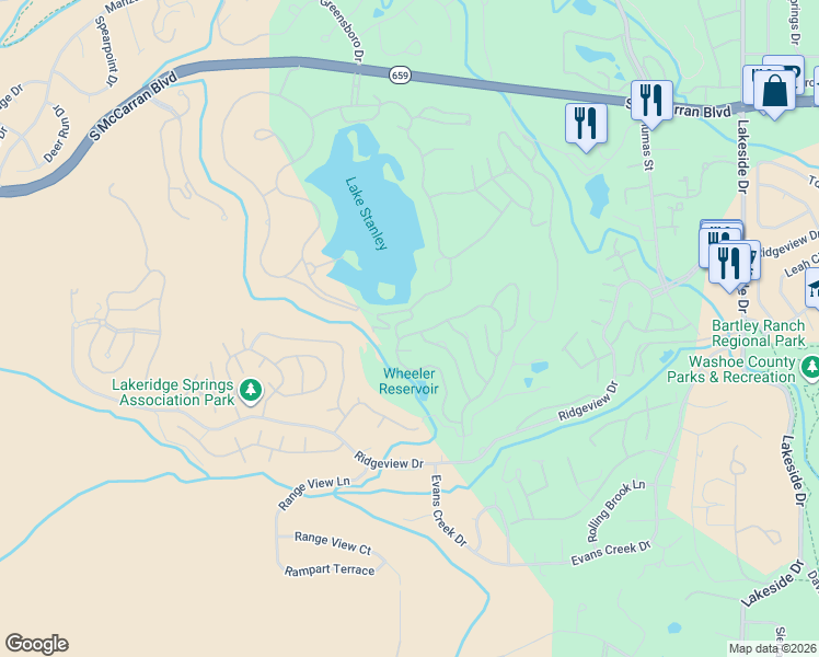map of restaurants, bars, coffee shops, grocery stores, and more near 2421 Marbrook Court in Reno