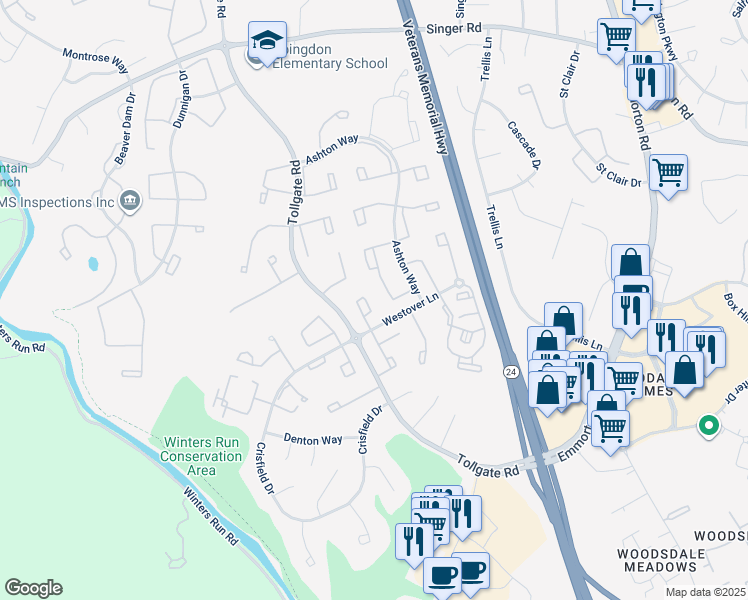 map of restaurants, bars, coffee shops, grocery stores, and more near 3329 Midland Court in Abingdon