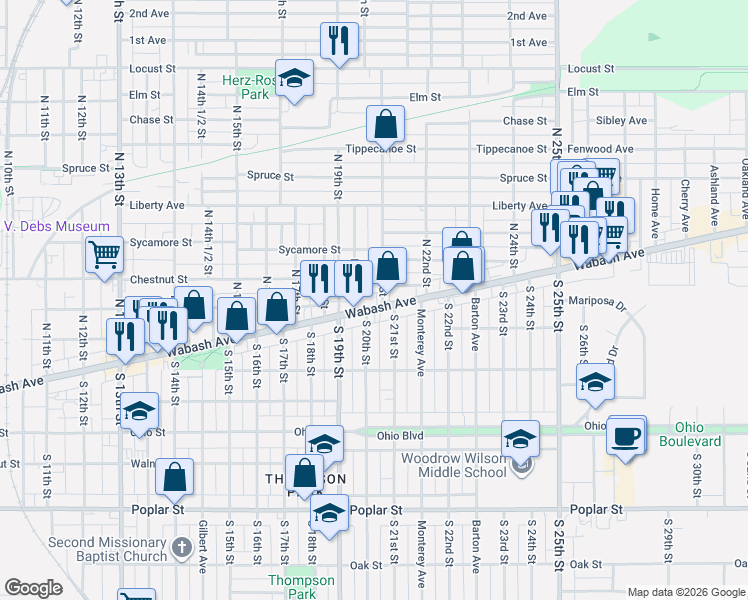 map of restaurants, bars, coffee shops, grocery stores, and more near 2010 Wabash Avenue in Terre Haute