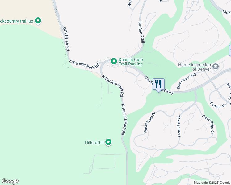 map of restaurants, bars, coffee shops, grocery stores, and more near 7007 North Daniels Park Road in Castle Pines