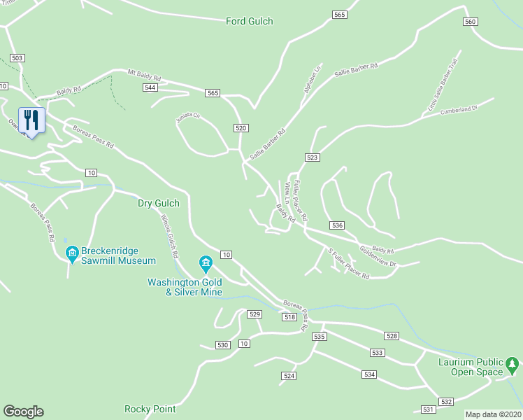 map of restaurants, bars, coffee shops, grocery stores, and more near 97 Mary's Ridge Lane in Breckenridge