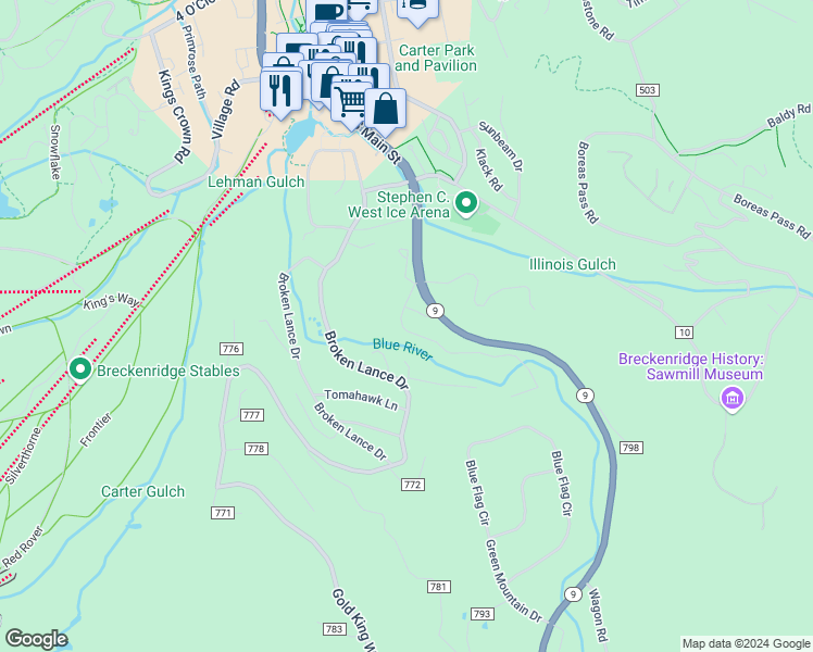 map of restaurants, bars, coffee shops, grocery stores, and more near 11 Riverwood Drive in Breckenridge
