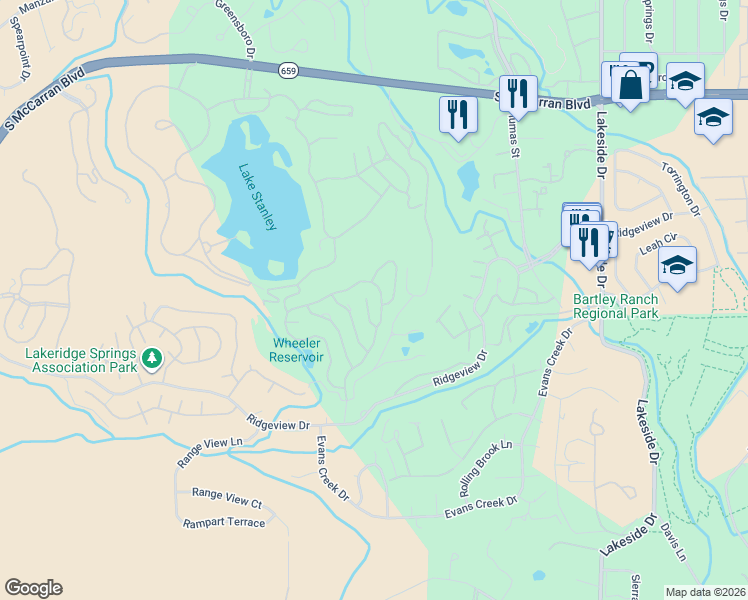 map of restaurants, bars, coffee shops, grocery stores, and more near 6174 Wycliffe Circle in Reno