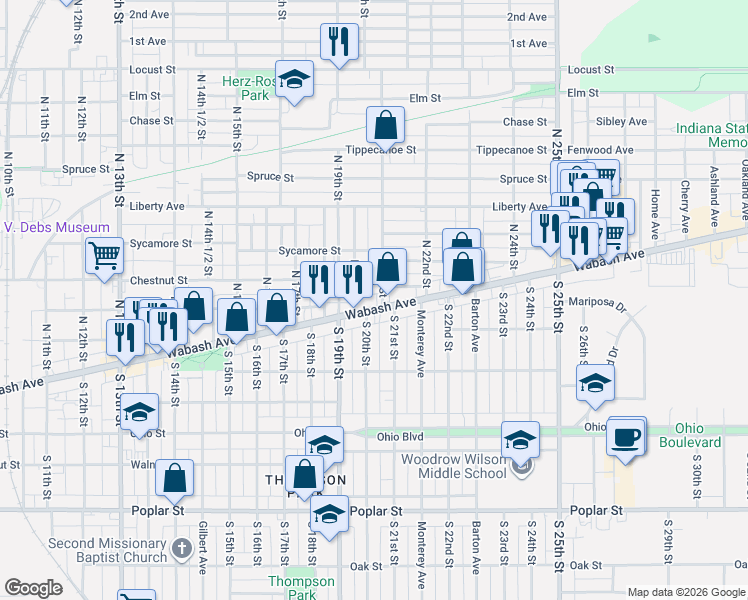 map of restaurants, bars, coffee shops, grocery stores, and more near 2010 Wabash Avenue in Terre Haute