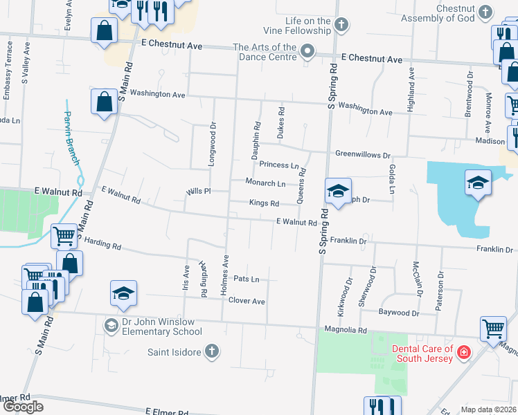 map of restaurants, bars, coffee shops, grocery stores, and more near 1772 East Walnut Road in Vineland