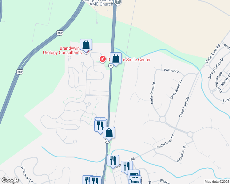 map of restaurants, bars, coffee shops, grocery stores, and more near 5169 Summit Bridge Road in Middletown