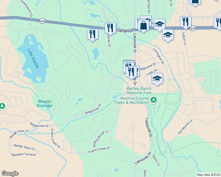 map of restaurants, bars, coffee shops, grocery stores, and more near 1430 Copper Point Circle in Reno