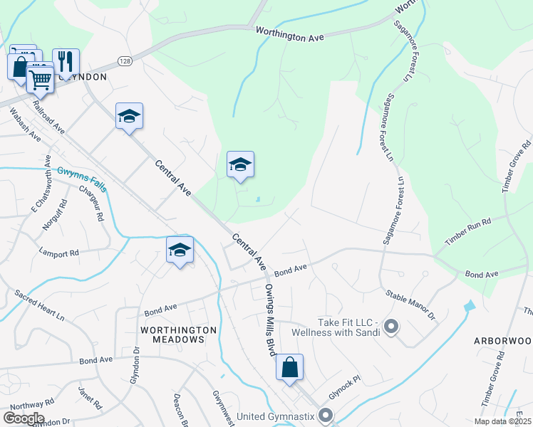 map of restaurants, bars, coffee shops, grocery stores, and more near 18 Saint Paul Avenue in Reisterstown