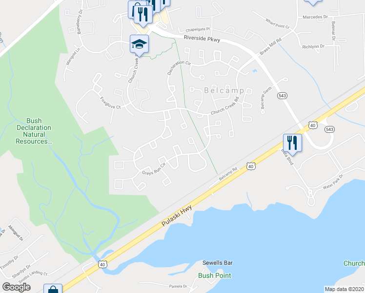 map of restaurants, bars, coffee shops, grocery stores, and more near 1213 Brice Square in Belcamp