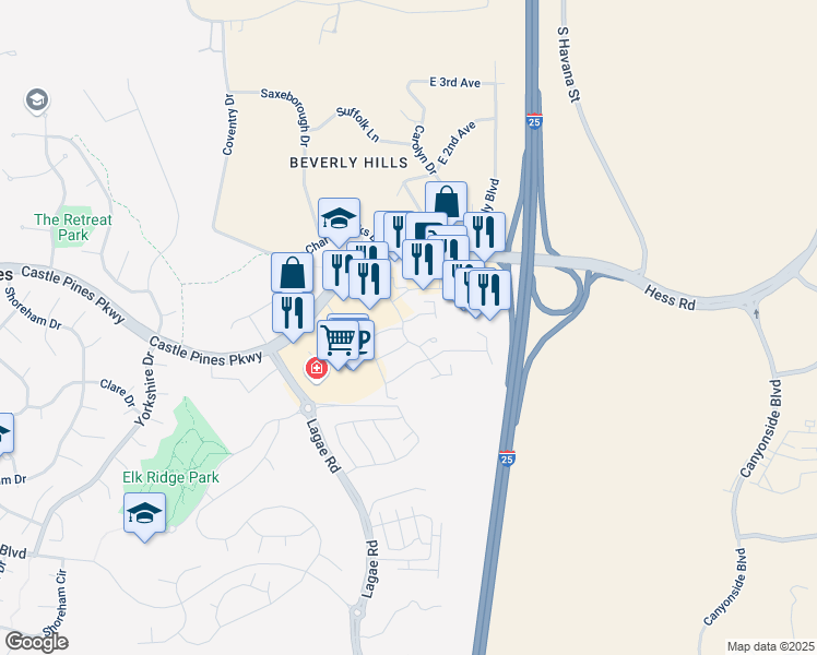 map of restaurants, bars, coffee shops, grocery stores, and more near 520 Dale Court in Castle Pines