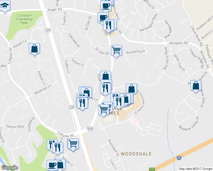 map of restaurants, bars, coffee shops, grocery stores, and more near 3434 Emmorton Rd in Abingdon