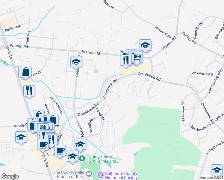 map of restaurants, bars, coffee shops, grocery stores, and more near 10337 Society Park Drive in Cockeysville