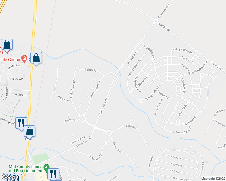 map of restaurants, bars, coffee shops, grocery stores, and more near 1860 Congressional Village Drive in Middletown