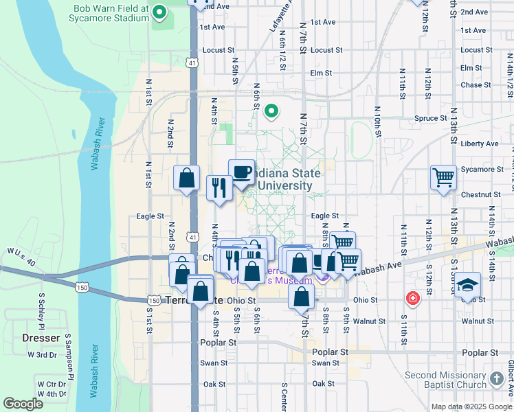 map of restaurants, bars, coffee shops, grocery stores, and more near in Terre Haute