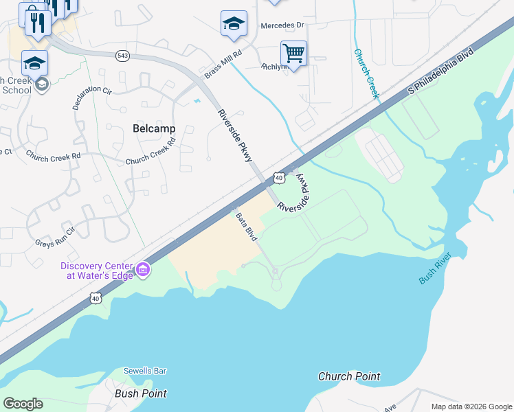 map of restaurants, bars, coffee shops, grocery stores, and more near 103 Bata Boulevard in Belcamp