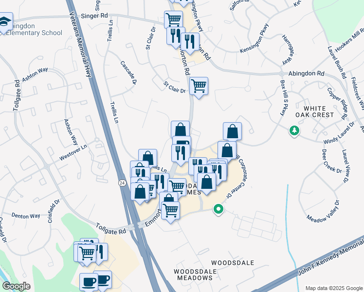 map of restaurants, bars, coffee shops, grocery stores, and more near 3410 Emmorton Road in Abingdon