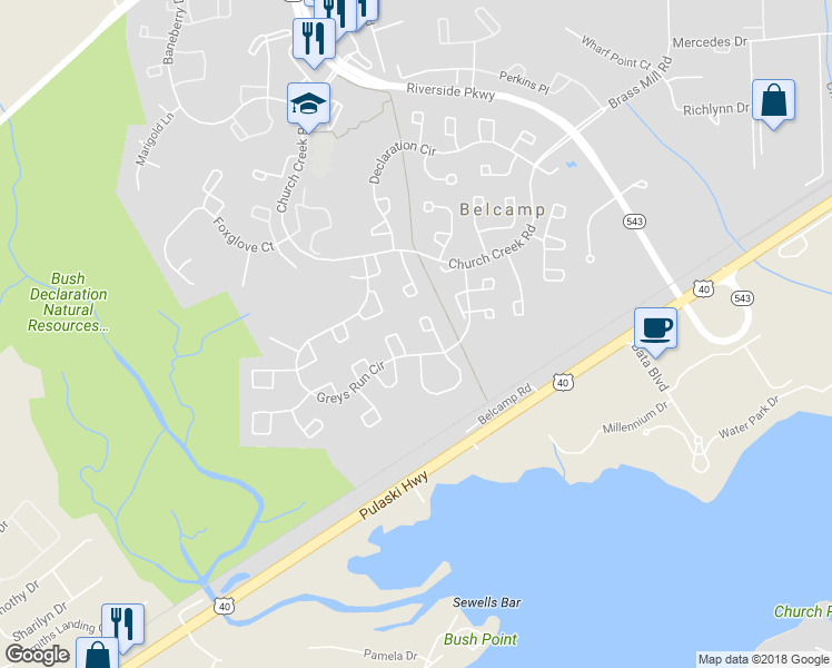 map of restaurants, bars, coffee shops, grocery stores, and more near 1214 Griffith Place in Belcamp