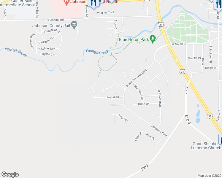 map of restaurants, bars, coffee shops, grocery stores, and more near 975 Young's Creek Drive in Franklin