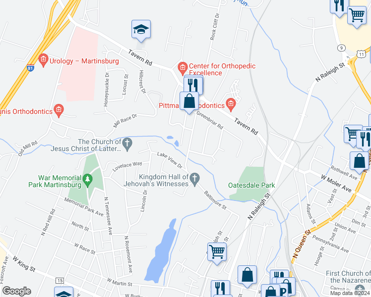 map of restaurants, bars, coffee shops, grocery stores, and more near 246 Surrey Court in Martinsburg