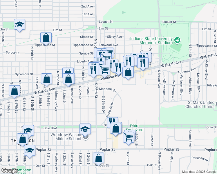 map of restaurants, bars, coffee shops, grocery stores, and more near 2616 Mariposa Drive in Terre Haute