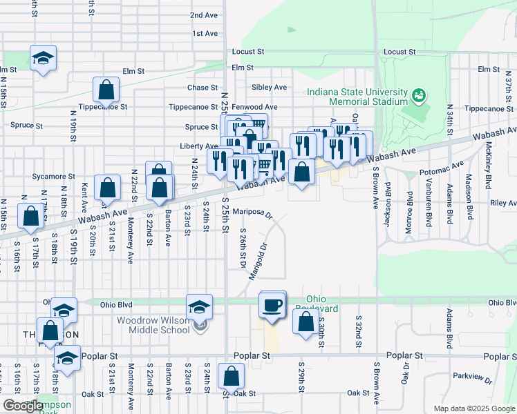 map of restaurants, bars, coffee shops, grocery stores, and more near 2715 Mariposa Drive in Terre Haute