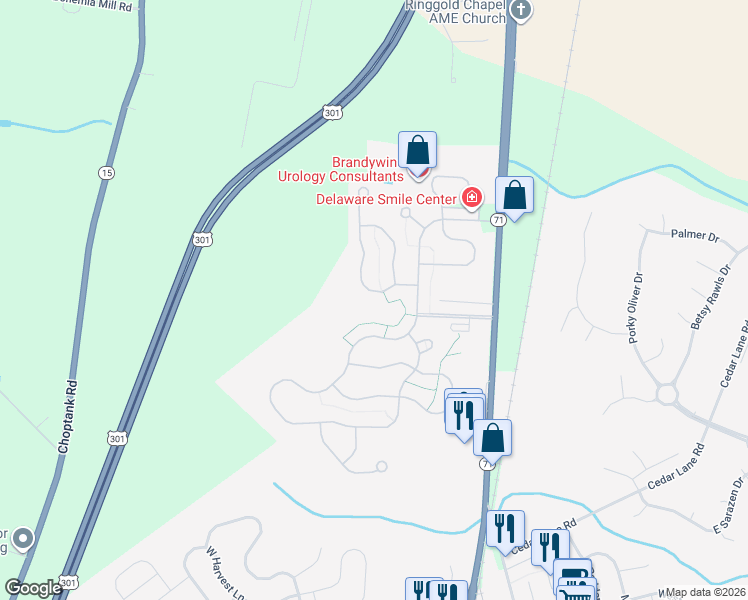 map of restaurants, bars, coffee shops, grocery stores, and more near 44 Springmill Drive in Middletown