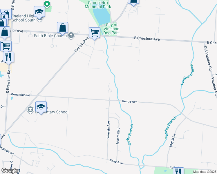 map of restaurants, bars, coffee shops, grocery stores, and more near 861 Venezia Avenue in Vineland