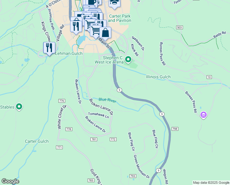map of restaurants, bars, coffee shops, grocery stores, and more near 11 Riverwood Drive in Breckenridge
