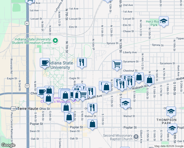 map of restaurants, bars, coffee shops, grocery stores, and more near 1033 Eagle St in Terre Haute
