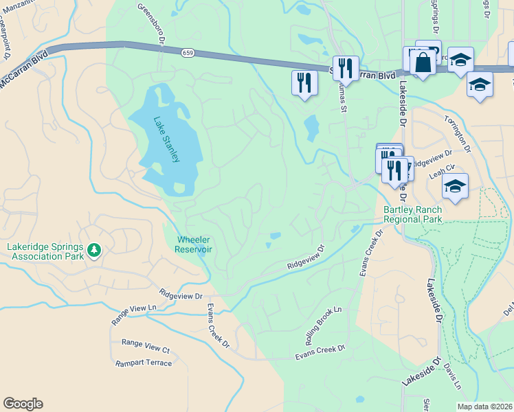 map of restaurants, bars, coffee shops, grocery stores, and more near 6166 Carriage House Way in Reno