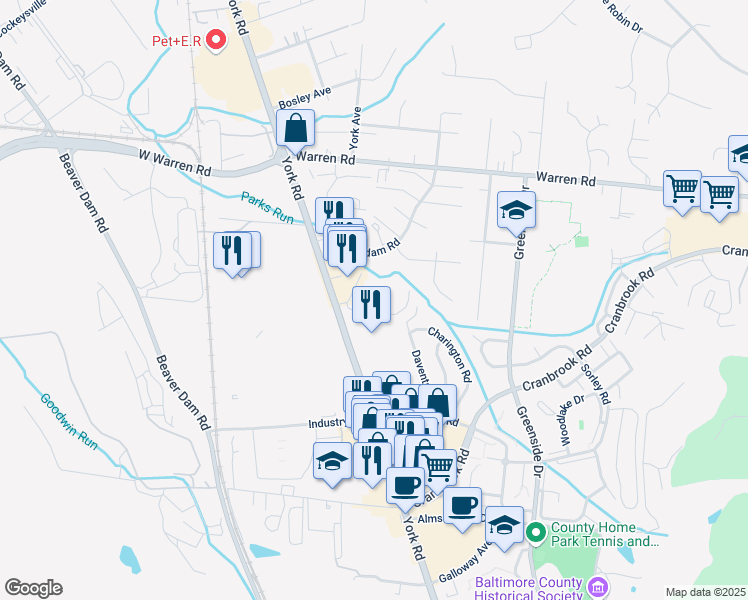 map of restaurants, bars, coffee shops, grocery stores, and more near 106 Pine Bark Court in Cockeysville