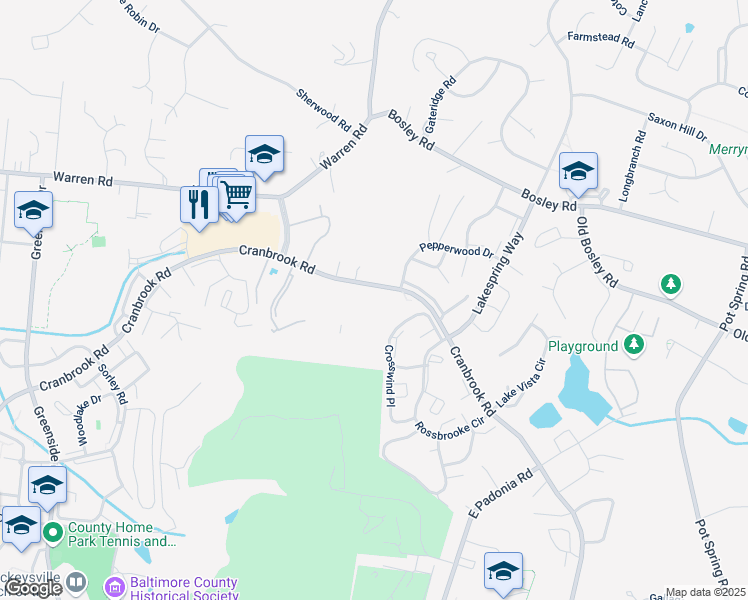 map of restaurants, bars, coffee shops, grocery stores, and more near 611 Cranbrook Road in Cockeysville