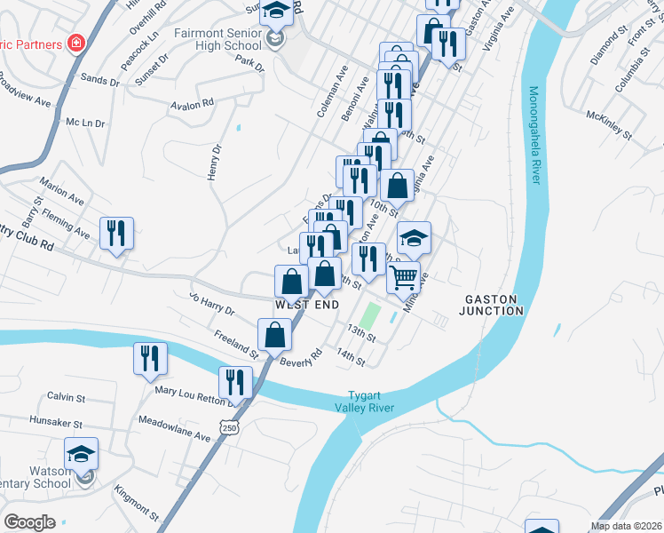map of restaurants, bars, coffee shops, grocery stores, and more near 398 12th St in Fairmont